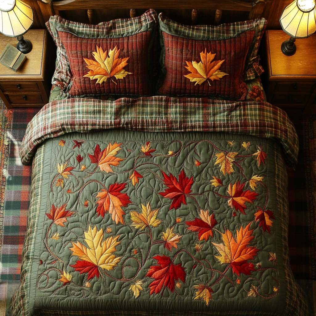 Thankful Harvest quilted 3-piece bedding set on a made bed with two matching pillow shams