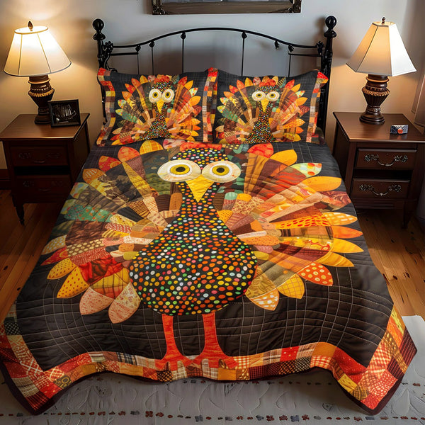 Thankful Turkey quilted 3-piece bedding set on a made bed with two matching pillow shams