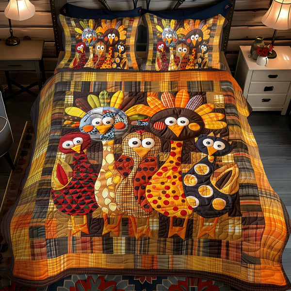 Thanksgiving Family quilted 3-piece bedding set on a made bed with two matching pillow shams