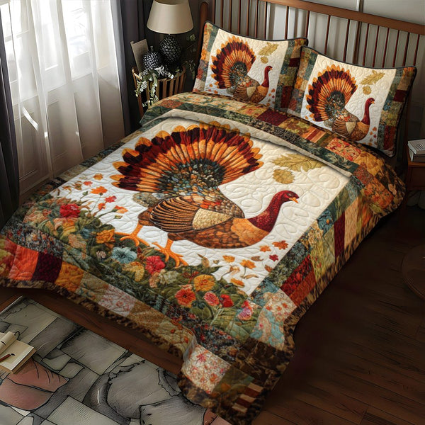 Thanksgiving Feast Turkey quilted 3-piece bedding set on a made bed with two matching pillow shams