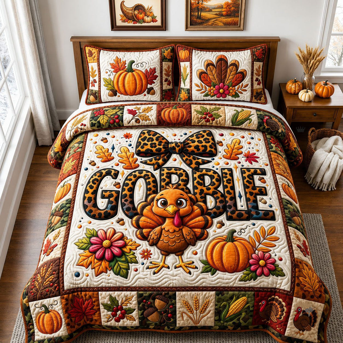 Thanksgiving Gobble quilted 3-piece bedding set on a made bed with two matching pillow shams