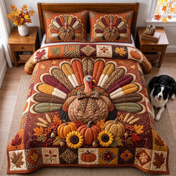 Thanksgiving Turkey quilted 3-piece bedding set on a made bed with two matching pillow shams