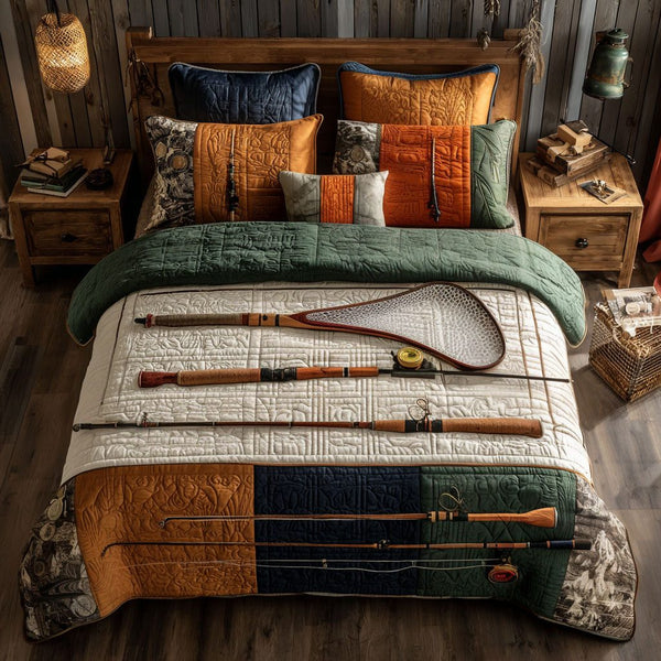 The Anglers Nightfall quilted 3-piece bedding set on a made bed with two matching pillow shams