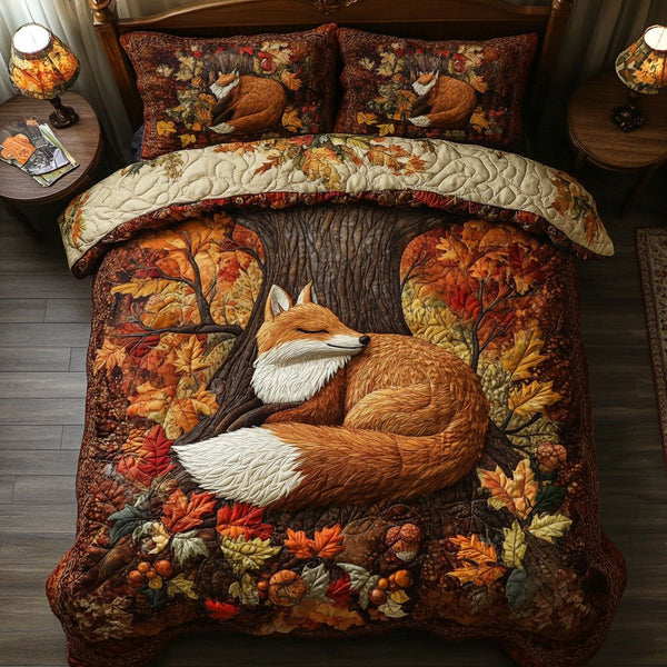 The Autumn Fox Story quilted 3-piece bedding set on a made bed with two matching pillow shams