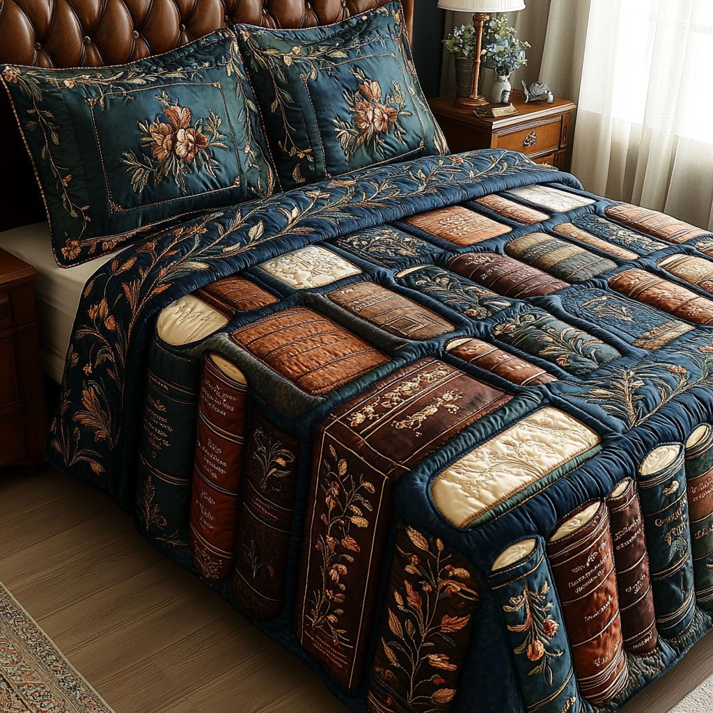The Bibliophiles Bliss quilted 3-piece bedding set on a made bed with two matching pillow shams