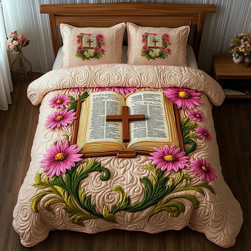 The Blooming Cross quilted 3-piece bedding set on a made bed in a softly lit bedroom