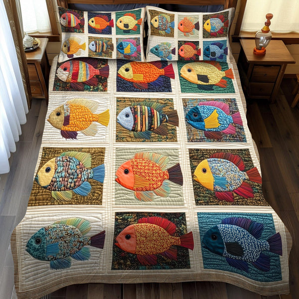 The Bluegill Haven quilted 3-piece bedding set on a made bed with two matching pillow shams