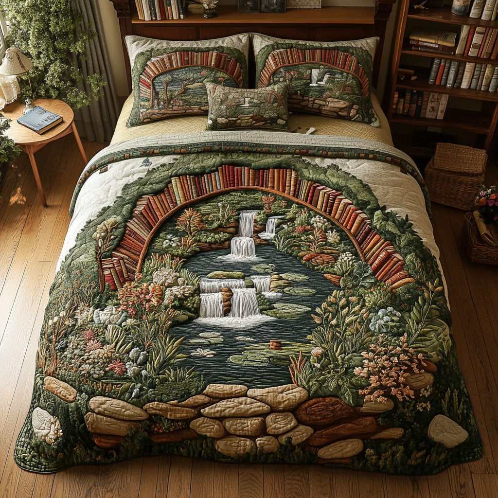The Booked Garden quilted 3-piece bedding set on a made bed with two matching pillow shams