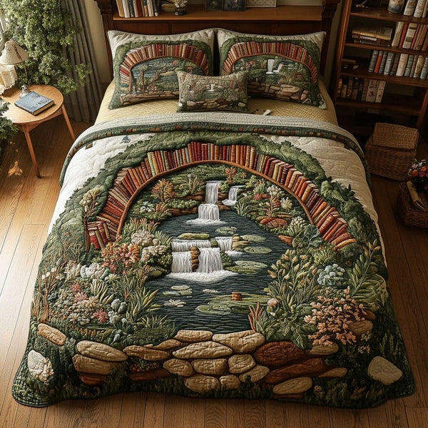 The Booked Garden quilted 3-piece bedding set on a made bed with two matching pillow shams