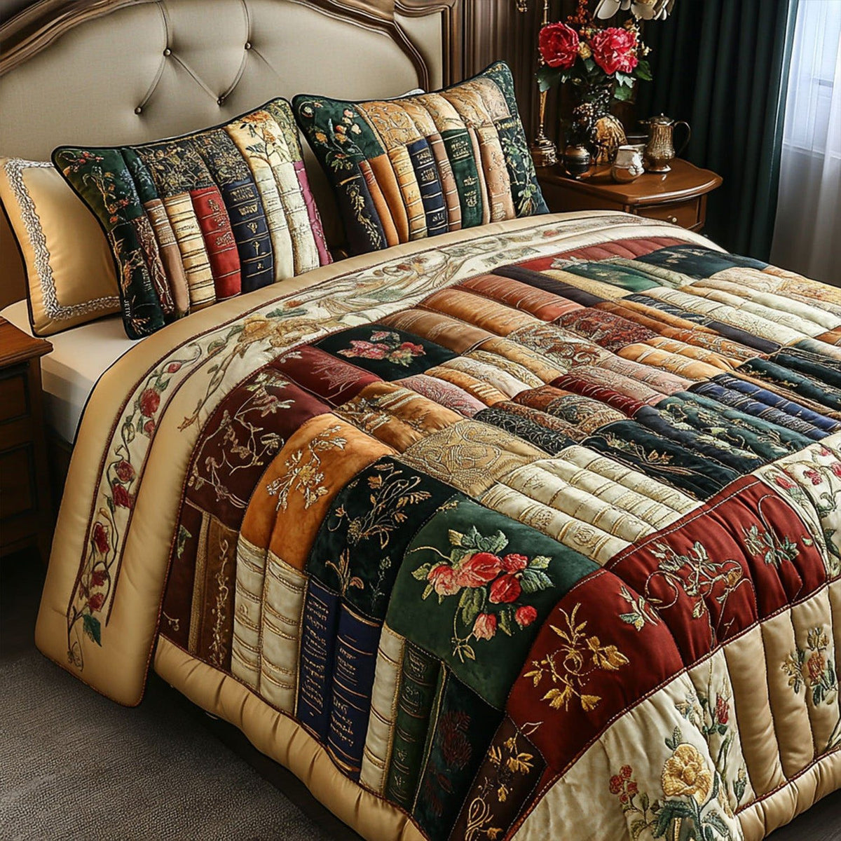The Bookworms Retreat quilted 3-piece bedding set on a made bed with two matching pillow shams