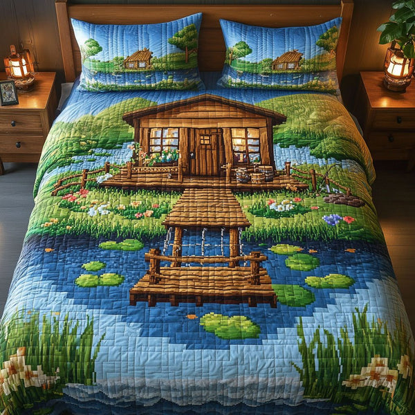 The Castaway Cabin quilted 3-piece bedding set on a made bed with two matching pillow shams