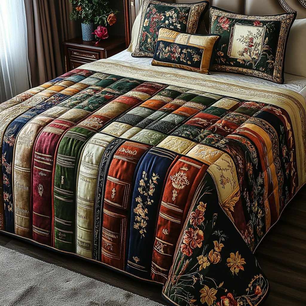 The Classic Novel Nook quilted 3-piece bedding set on a made bed in a farmhouse bedroom