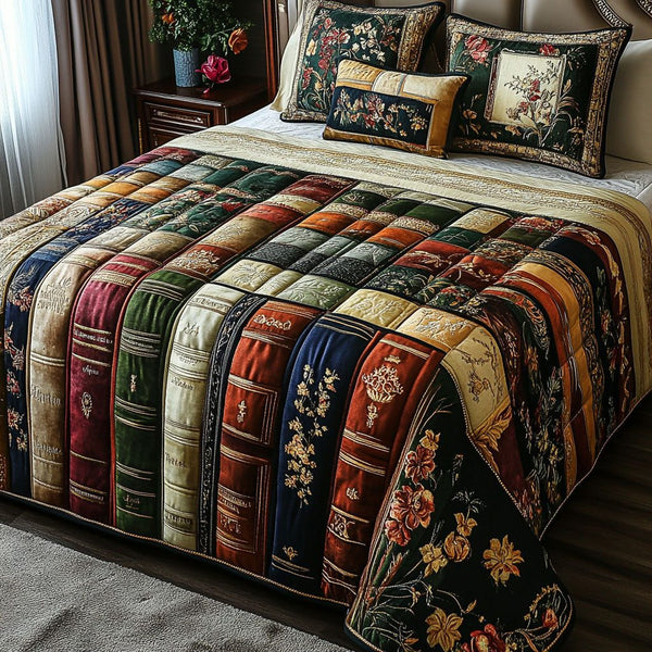 The Classic Novel Nook quilted 3-piece bedding set on a made bed in a farmhouse bedroom