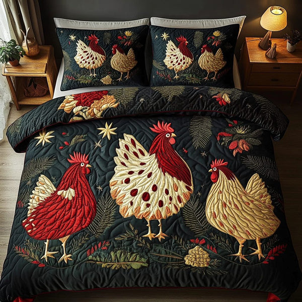 The Coop Chronicles quilted 3-piece bedding set on a made bed with two matching pillow shams