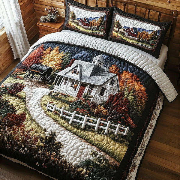The Countryside Carriage Home quilted 3-piece bedding set on a made bed in a farmhouse bedroom