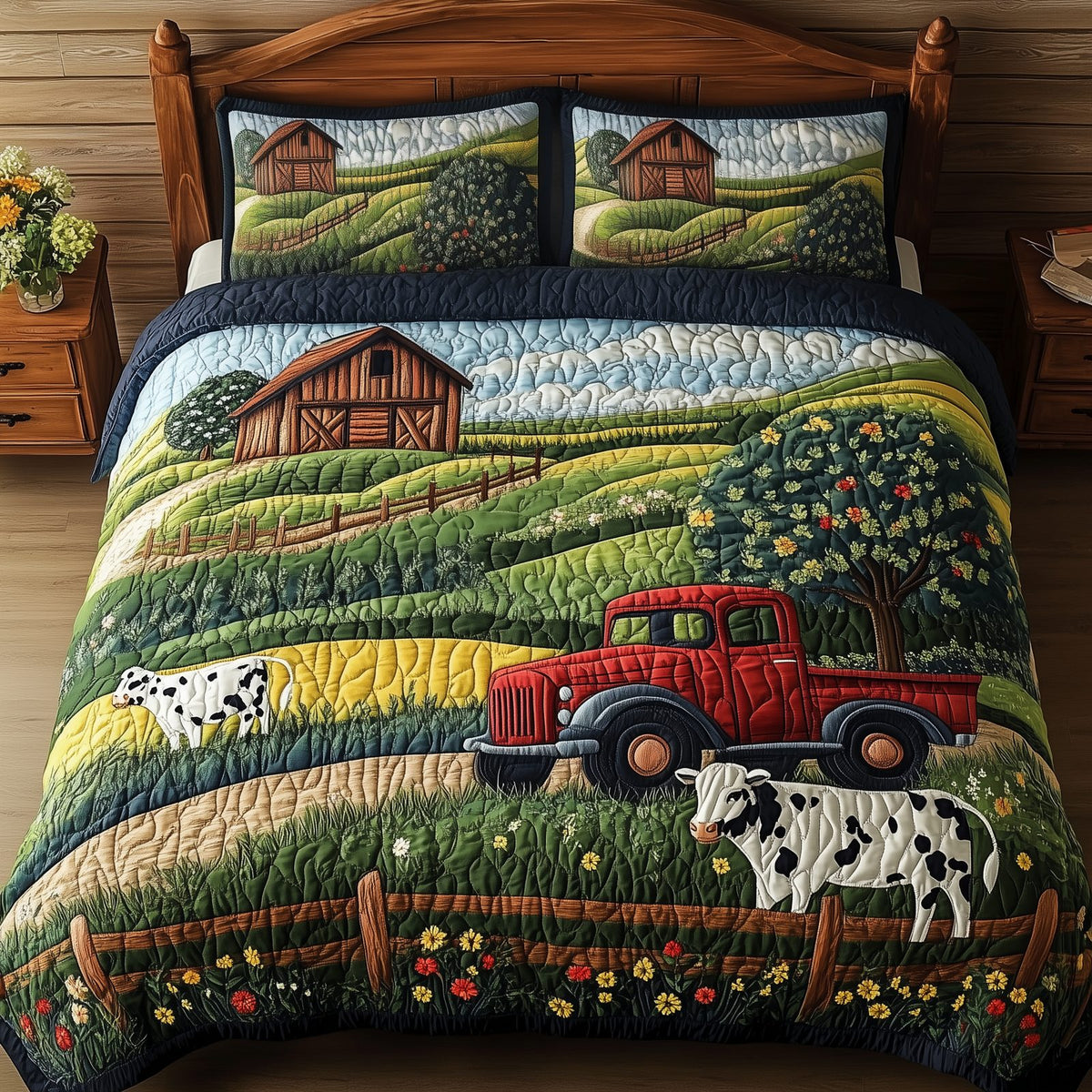 The Cozy Countryside quilted 3-piece bedding set on a made bed in a farmhouse bedroom
