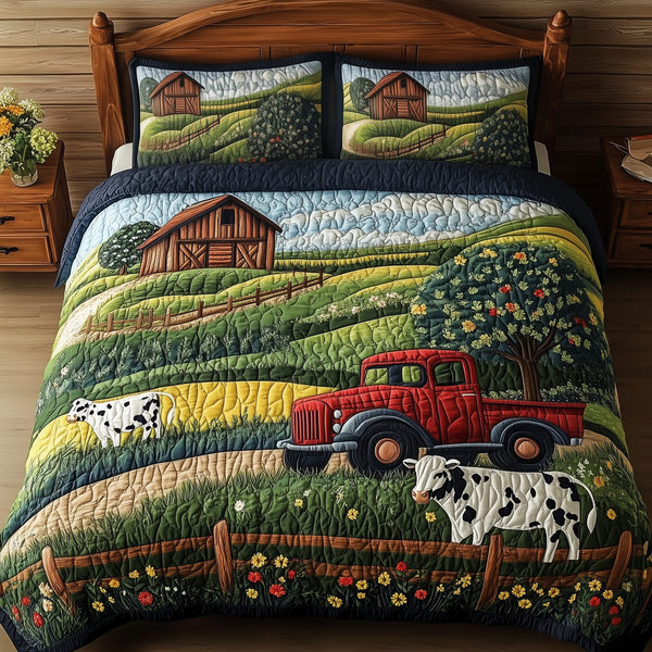 The Cozy Countryside quilted 3-piece bedding set on a made bed in a farmhouse bedroom