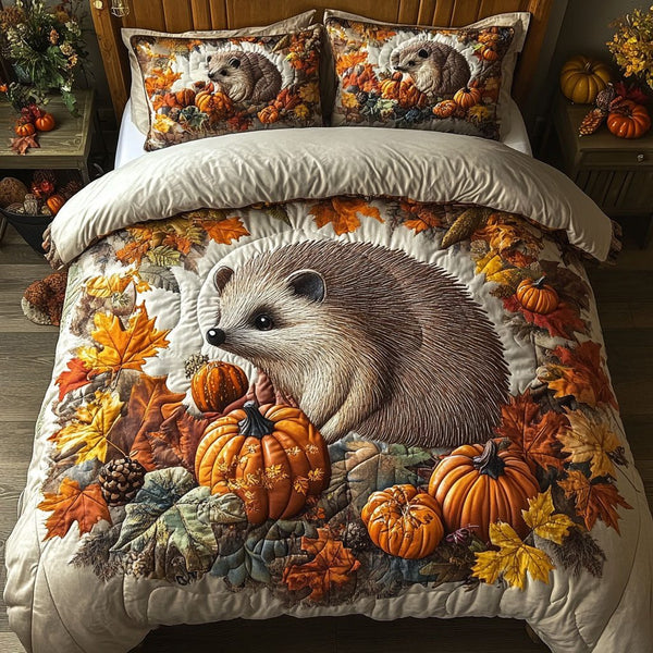 The Cozy Hedgehog quilted 3-piece bedding set on a made bed with two matching pillow shams