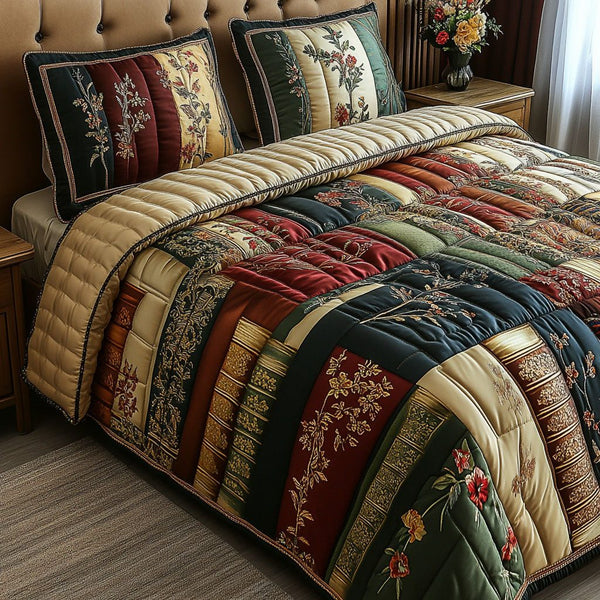 The Cozy Library quilted 3-piece bedding set on a made bed with two matching pillow shams