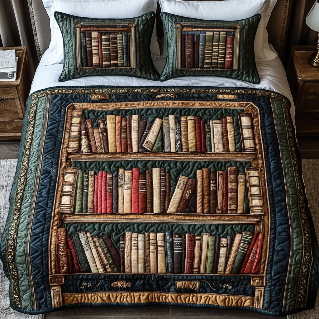 The Cozy Shelf quilted 3-piece bedding set on a made bed with two matching pillow shams