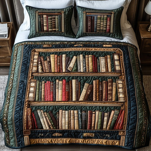 The Cozy Shelf quilted 3-piece bedding set on a made bed with two matching pillow shams