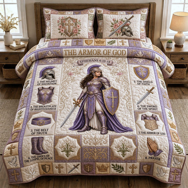 The Daughter Of Divine quilted 3-piece bedding set on a made bed in a softly lit bedroom