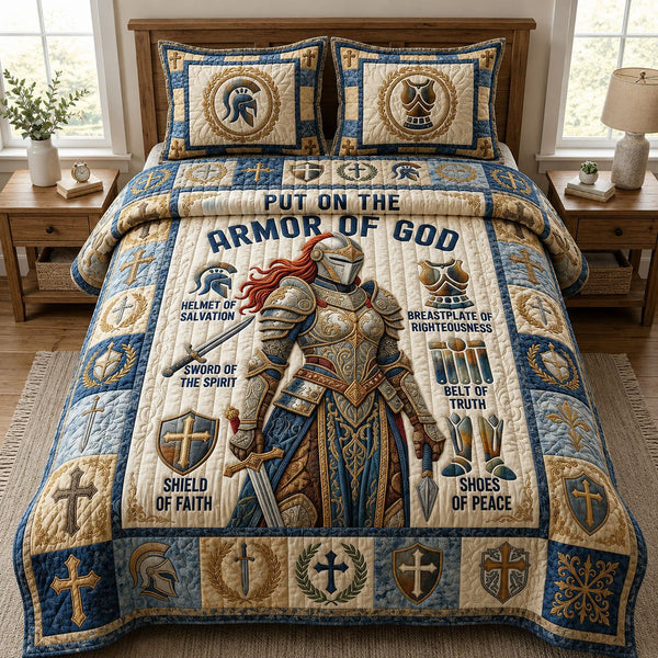 The Daughter Of Divine quilted 3-piece bedding set on a made bed in a softly lit bedroom