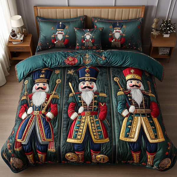 The Enchanted Nutcracker quilted 3-piece bedding set on a made bed in a winter-styled bedroom