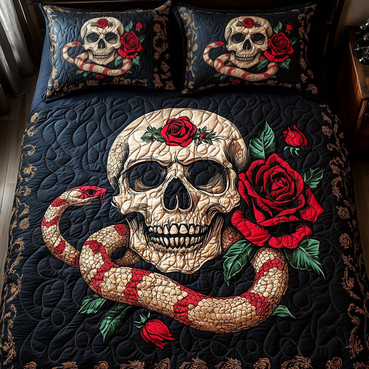 The Enchanted Skull quilted 3-piece bedding set on a made bed against a dark styled interior