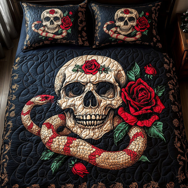 The Enchanted Skull quilted 3-piece bedding set on a made bed against a dark styled interior