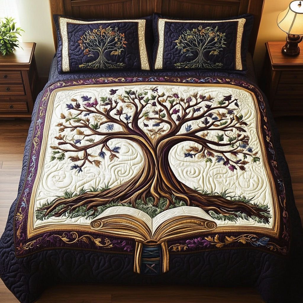 The Eternal Book of Life quilted 3-piece bedding set on a made bed with two matching pillow shams