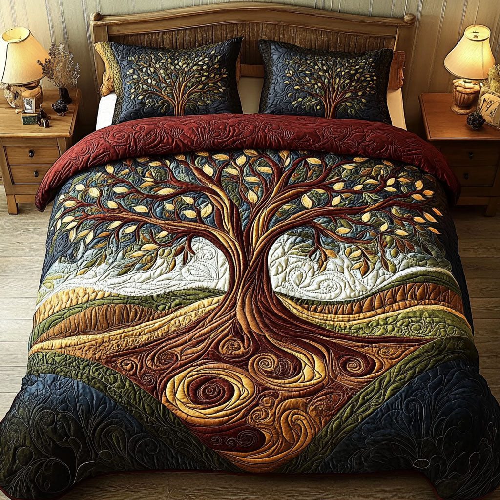 The Ever-Growing Tree quilted 3-piece bedding set on a made bed with two matching pillow shams