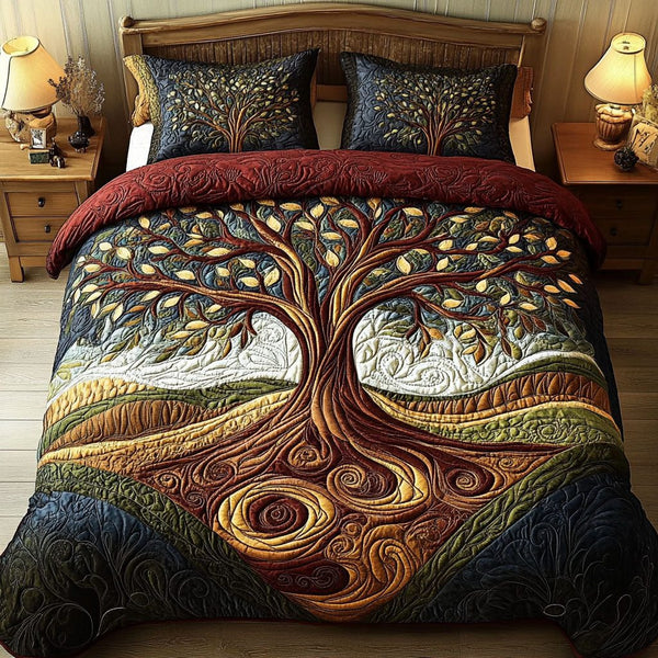 The Ever-Growing Tree quilted 3-piece bedding set on a made bed with two matching pillow shams
