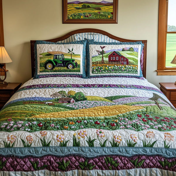 The Farmlands quilted 3-piece bedding set on a made bed with two matching pillow shams