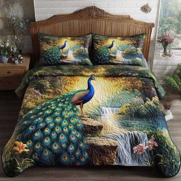 The Feathered Oasis quilted 3-piece bedding set on a made bed with two matching pillow shams