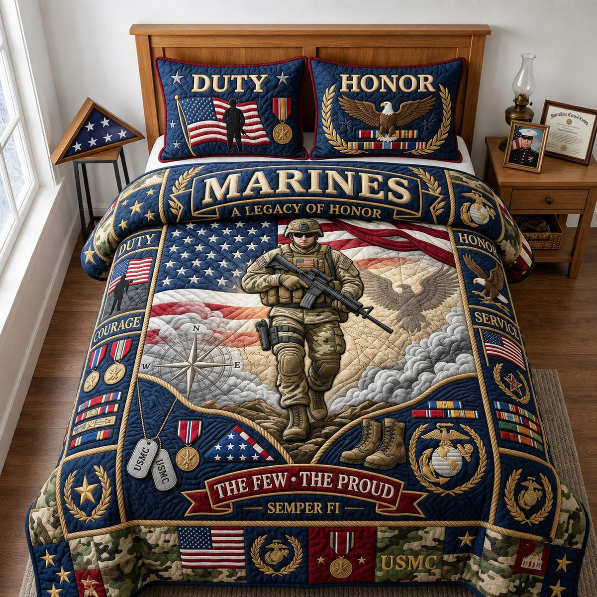 The Few the Proud quilted 3-piece bedding set on a made bed with two matching pillow shams