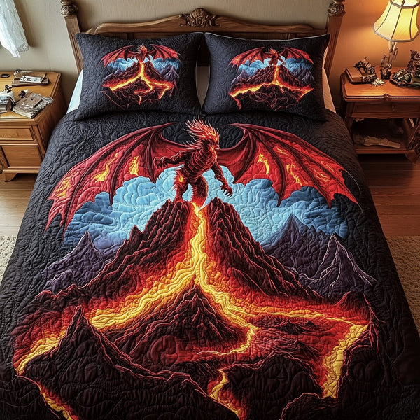 The Firelord Awakens quilted 3-piece bedding set on a made bed with two matching pillow shams