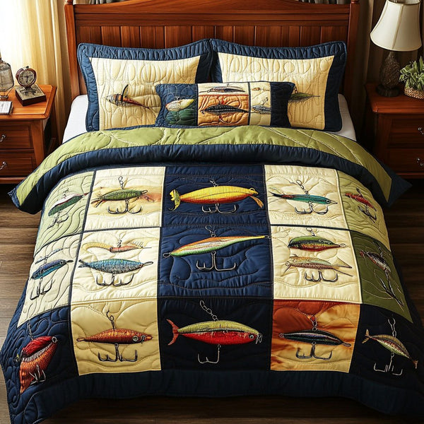 The Fish Lodge quilted 3-piece bedding set on a made bed with two matching pillow shams