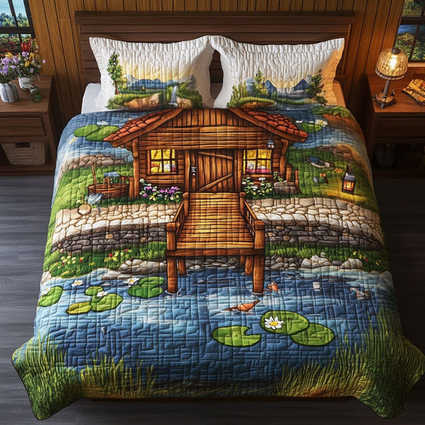 The Fishing Nook quilted 3-piece bedding set on a made bed with two matching pillow shams