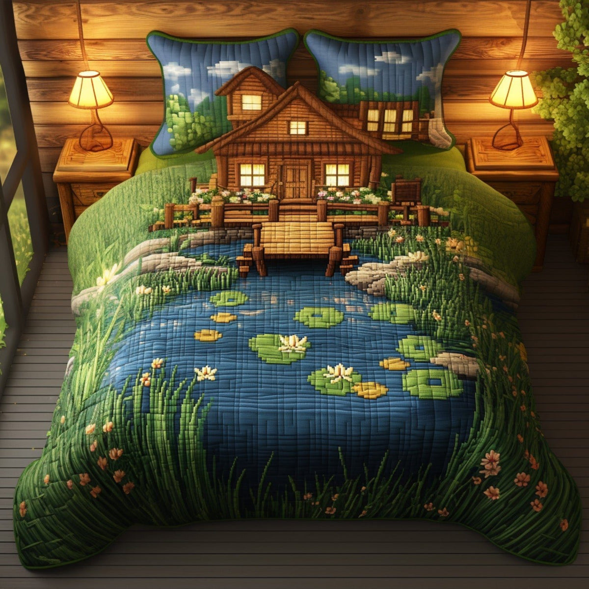 The Fishing Post quilted 3-piece bedding set on a made bed with two matching pillow shams