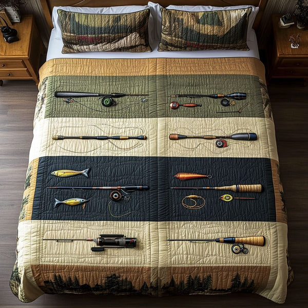 The Fishing Roam quilted 3-piece bedding set on a made bed with two matching pillow shams