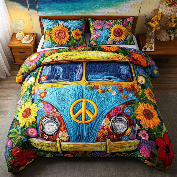 The Flower Power Van quilted 3-piece bedding set on a made bed with two matching pillow shams