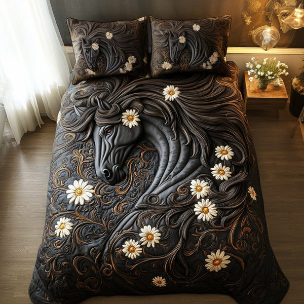 The Flowered Mare quilted 3-piece bedding set on a made bed in a rustic timber bedroom