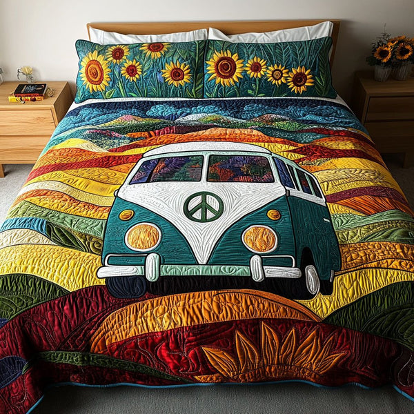 The Free Spirit Van quilted 3-piece bedding set on a made bed with two matching pillow shams