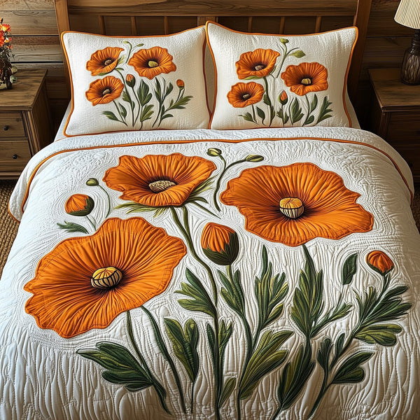 The Golden State Flower quilted 3-piece bedding set on a made bed with two matching pillow shams