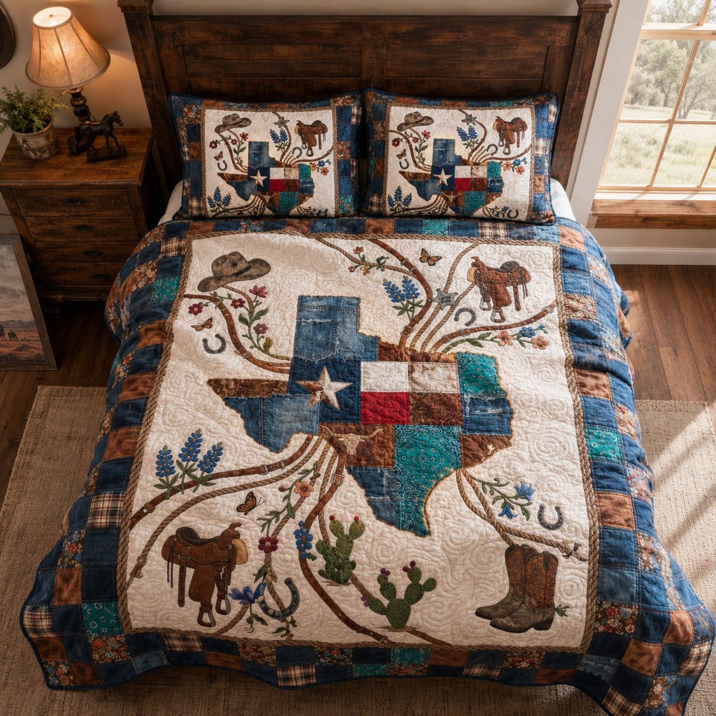 The Grand Rodeo quilted 3-piece bedding set on a made bed in a rustic timber bedroom