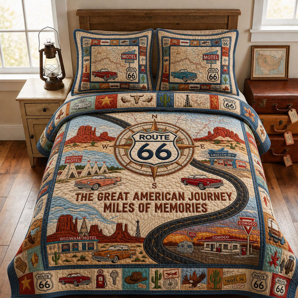 The Great American Journey quilted 3-piece bedding set on a made bed in a warmly lit bedroom