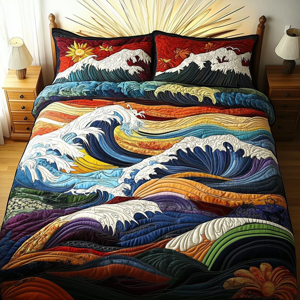The Great Wave quilted 3-piece bedding set on a made bed in a light coastal bedroom