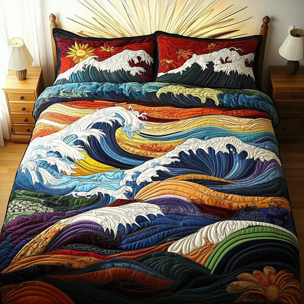 The Great Wave quilted 3-piece bedding set on a made bed in a light coastal bedroom