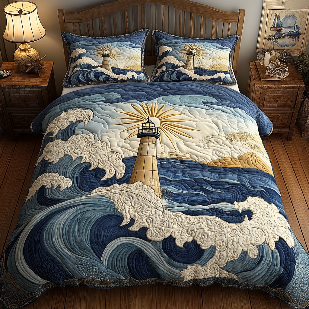 The Guiding Light quilted 3-piece bedding set on a made bed with two matching pillow shams
